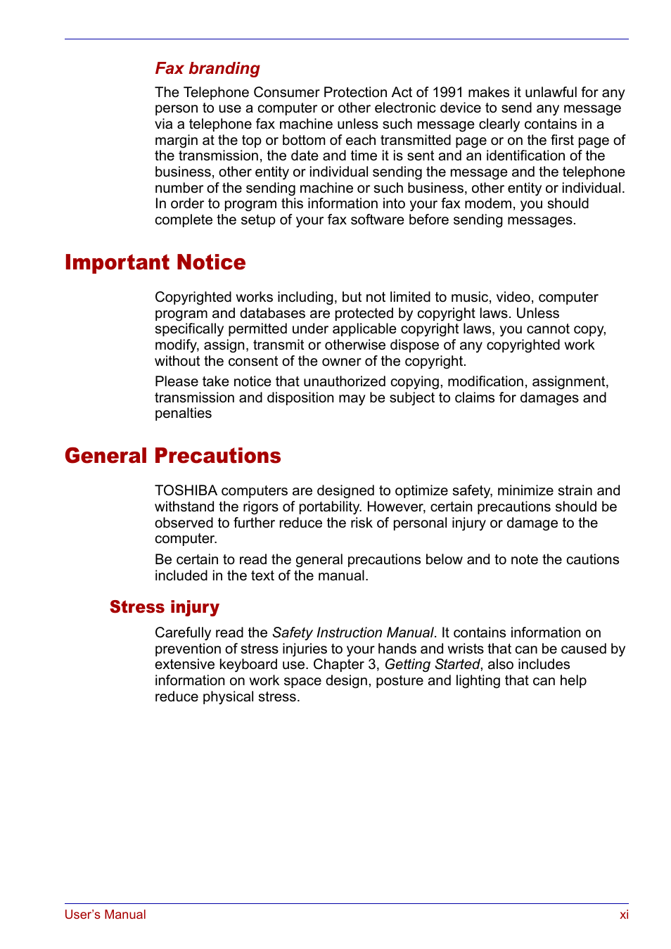 Important notice, General precautions | Toshiba SATELLITE M30X User Manual | Page 11 / 155
