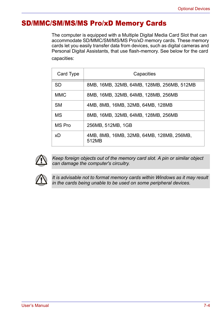 Sd/mmc/sm/ms/ms pro/xd memory cards, Sd/mmc/sm/ms/ms pro/xd memory cards -4 | Toshiba SATELLITE M30X User Manual | Page 110 / 155