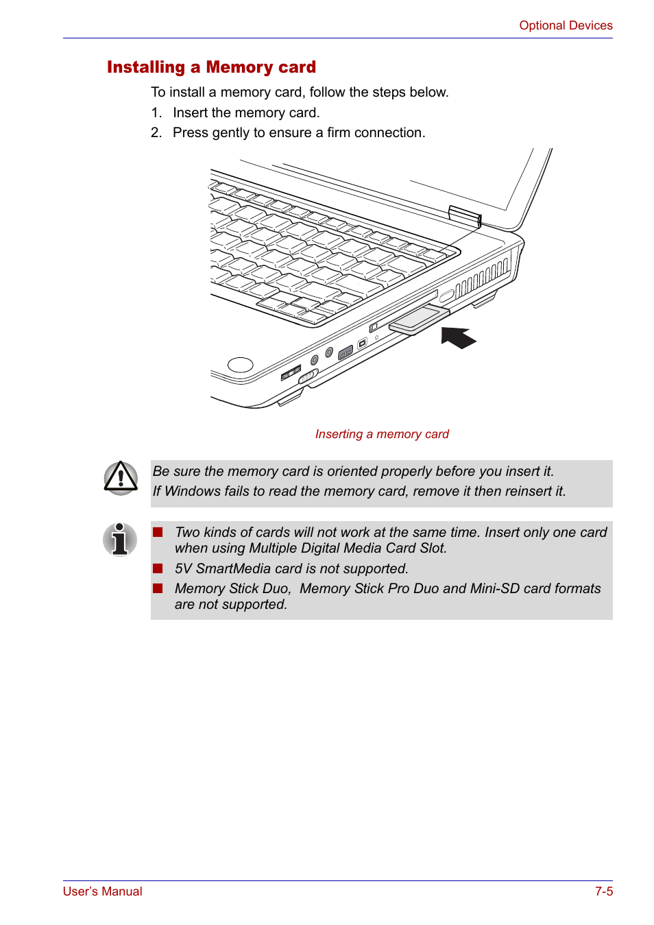 Installing a memory card, Installing a memory card -5 | Toshiba SATELLITE M30X User Manual | Page 111 / 155