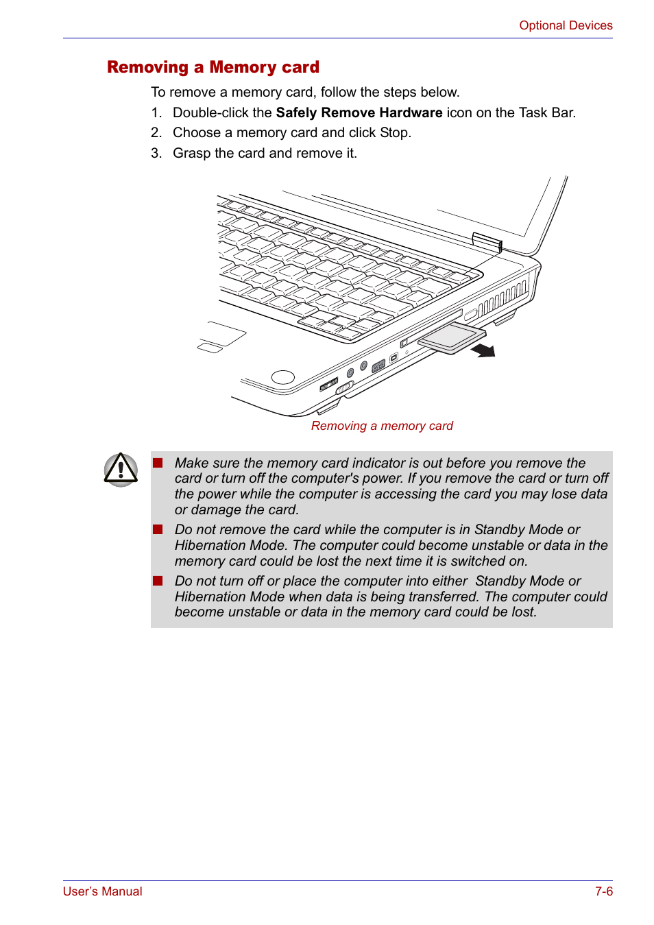 Removing a memory card, Removing a memory card -6 | Toshiba SATELLITE M30X User Manual | Page 112 / 155