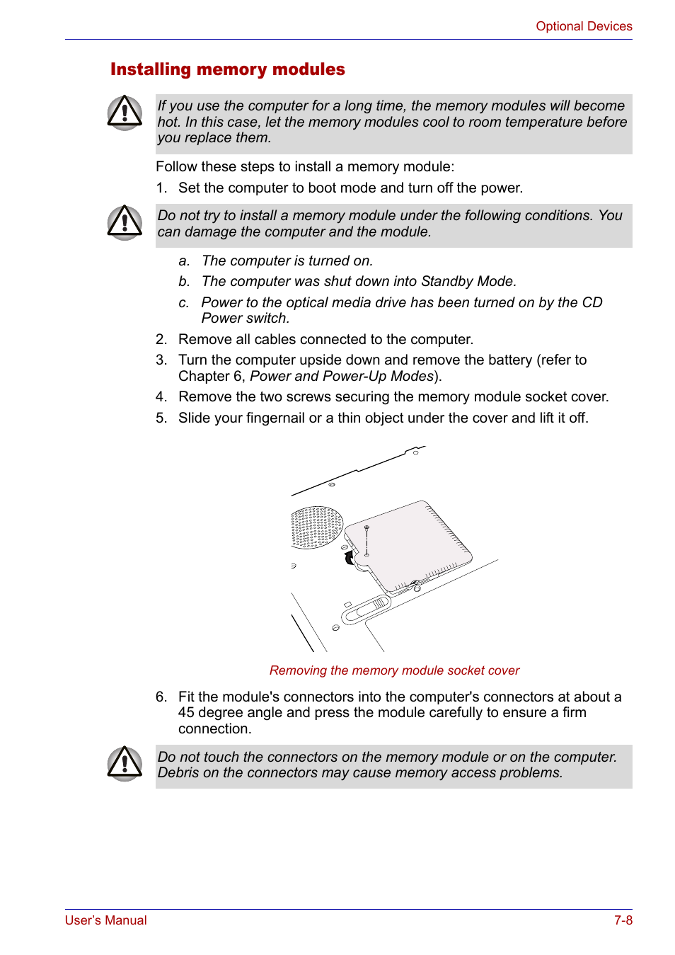 Installing memory modules, Installing memory modules -8 | Toshiba SATELLITE M30X User Manual | Page 114 / 155