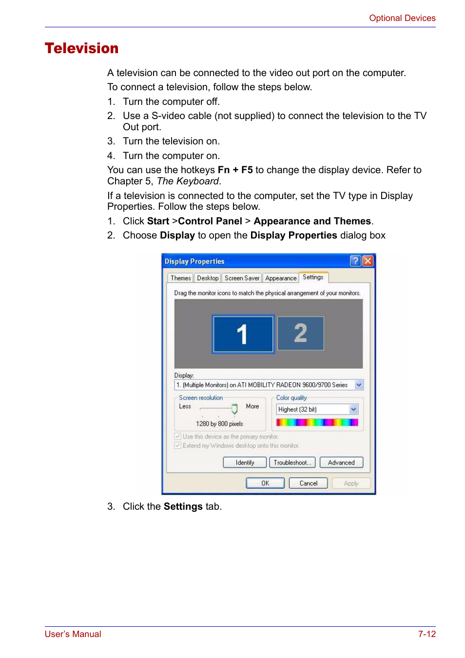 Television, Television -12 | Toshiba SATELLITE M30X User Manual | Page 118 / 155