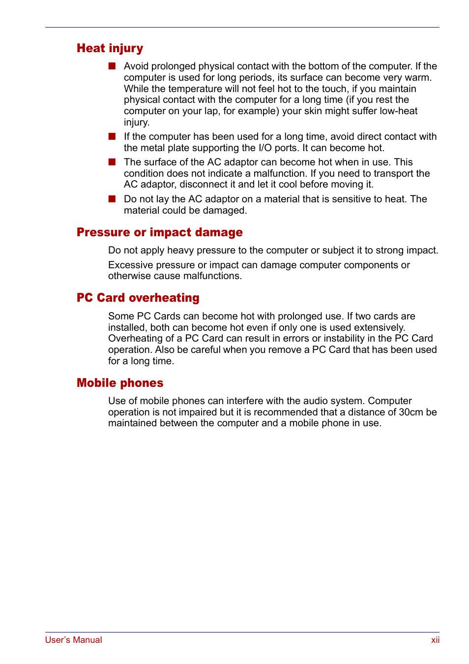 Heat injury, Pressure or impact damage, Pc card overheating | Mobile phones | Toshiba SATELLITE M30X User Manual | Page 12 / 155