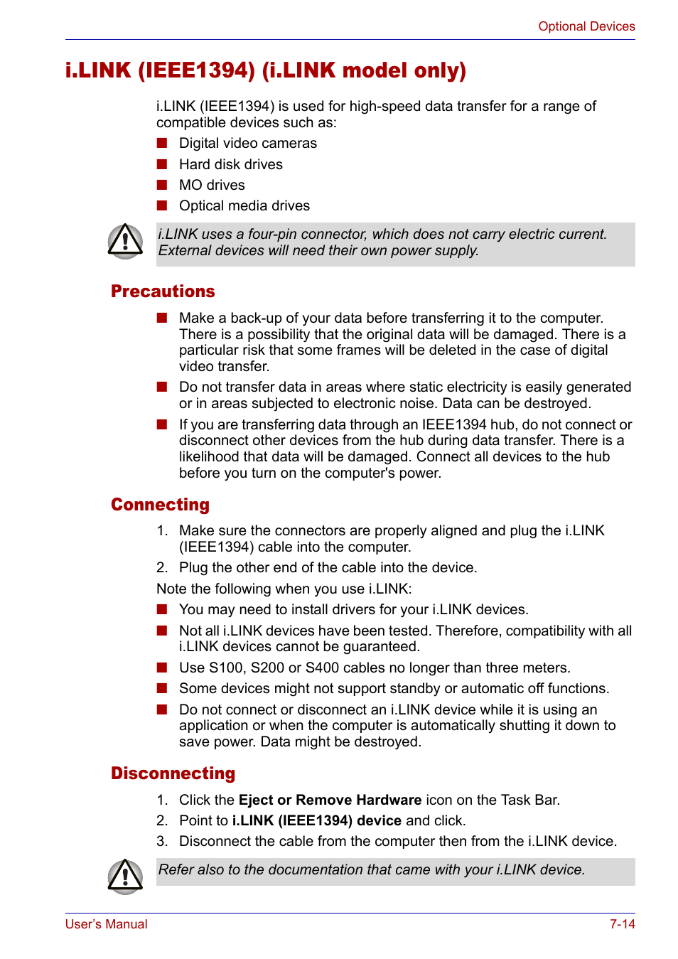 I.link (ieee1394) (i.link model only), Precautions, Connecting | Disconnecting, I.link (ieee1394) (i.link model only) -14, Precautions -14 connecting -14 disconnecting -14 | Toshiba SATELLITE M30X User Manual | Page 120 / 155