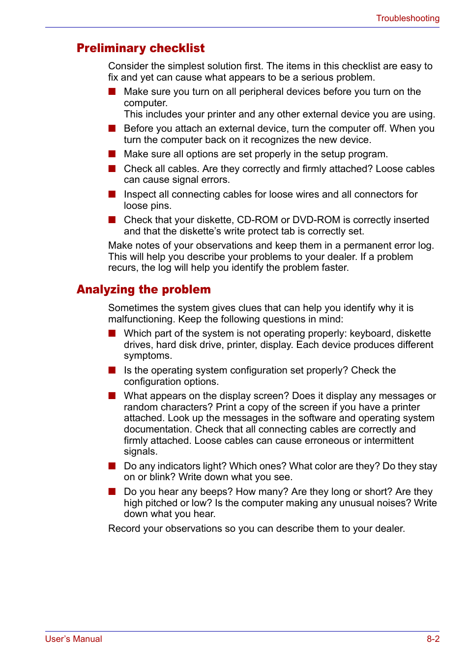 Preliminary checklist, Analyzing the problem, Preliminary checklist -2 analyzing the problem -2 | Toshiba SATELLITE M30X User Manual | Page 123 / 155