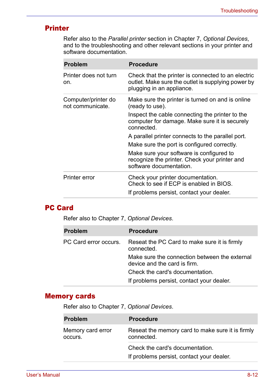 Printer, Pc card, Memory cards | Printer -12 pc card -12 memory cards -12 | Toshiba SATELLITE M30X User Manual | Page 133 / 155