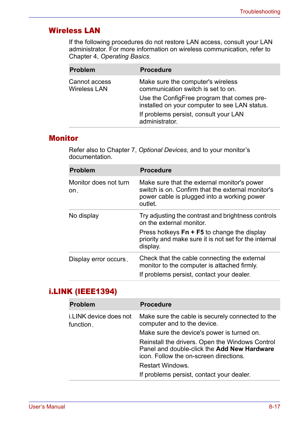 Wireless lan, Monitor, I.link (ieee1394) | Wireless lan -17 monitor -17 i.link (ieee1394) -17 | Toshiba SATELLITE M30X User Manual | Page 138 / 155