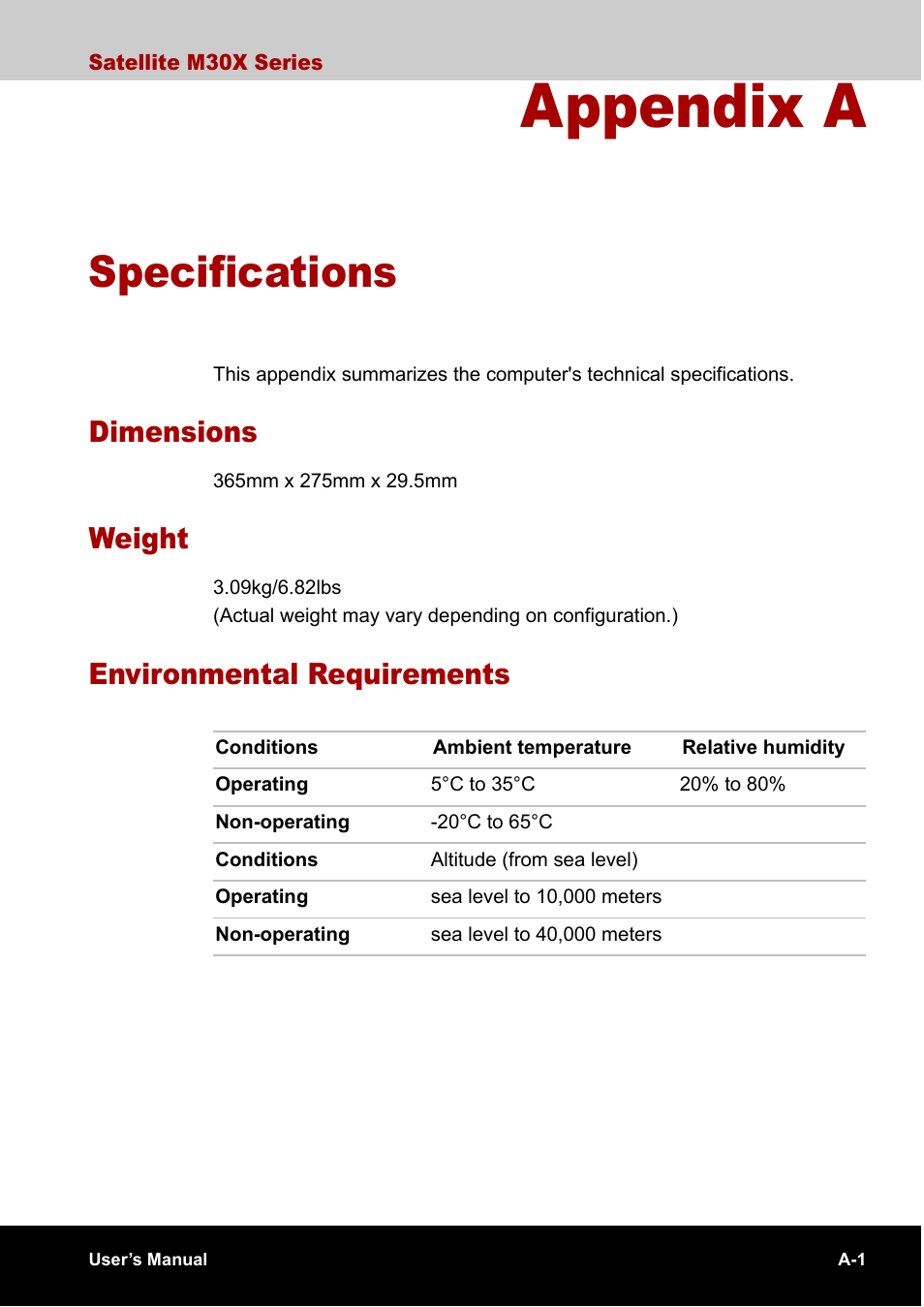 Appendix a specifications, Appendix a, Specifications | Dimensions, Weight, Environmental requirements | Toshiba SATELLITE M30X User Manual | Page 140 / 155