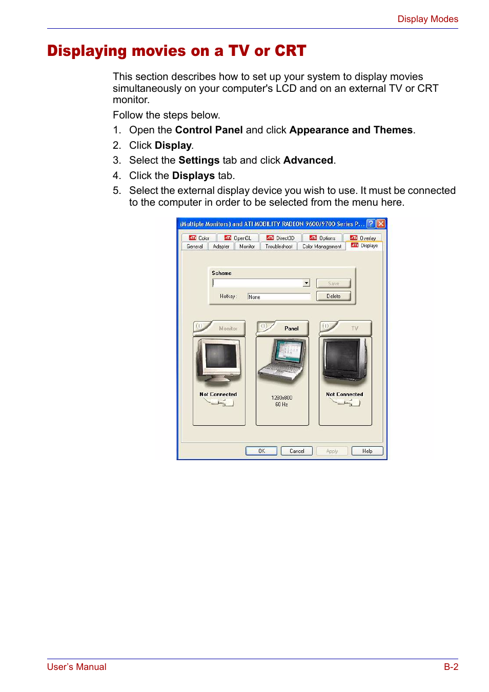 Displaying movies on a tv or crt | Toshiba SATELLITE M30X User Manual | Page 143 / 155