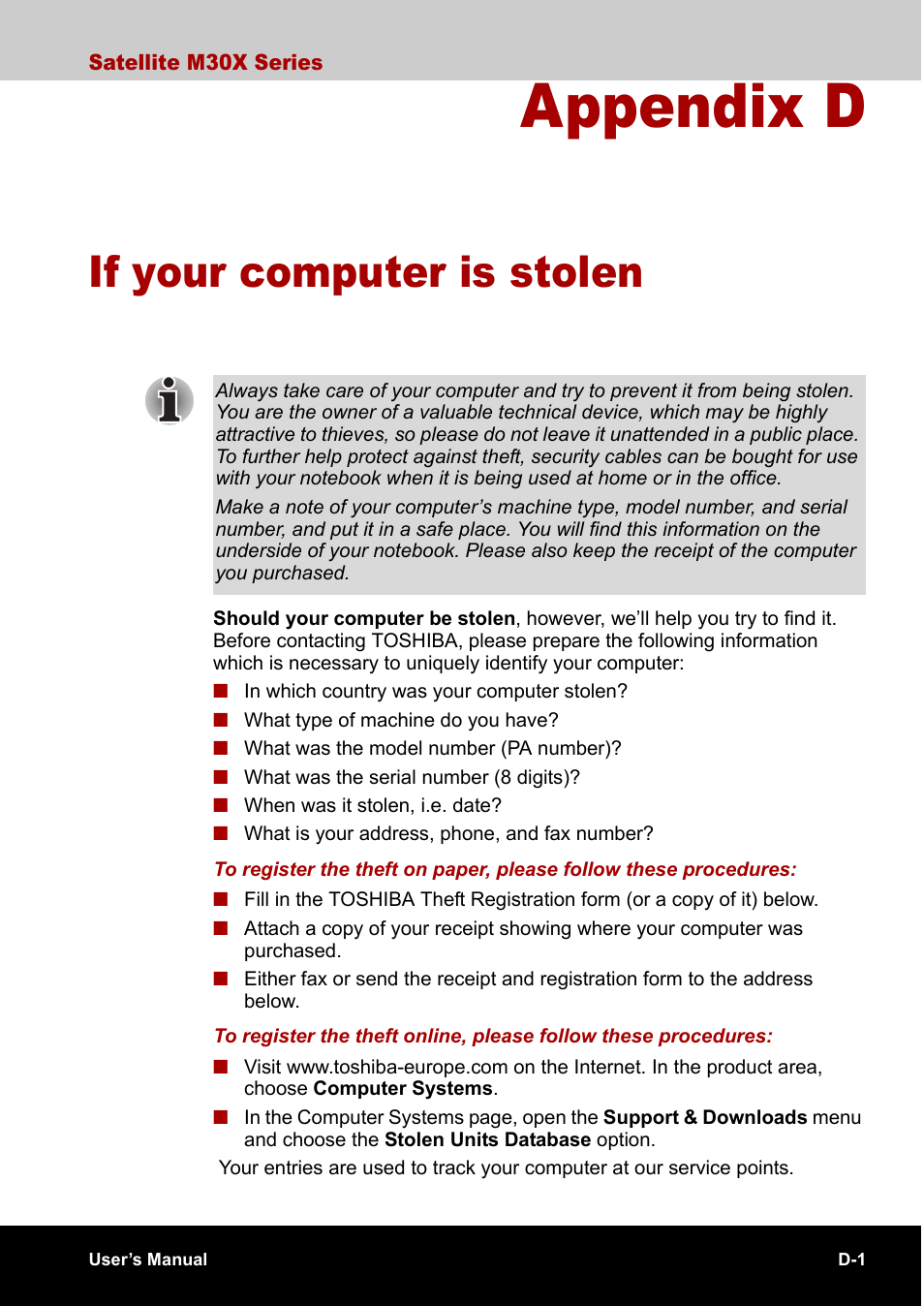 Appendix d if your computer is stolen, Appendix d, If your computer is stolen | Toshiba SATELLITE M30X User Manual | Page 146 / 155