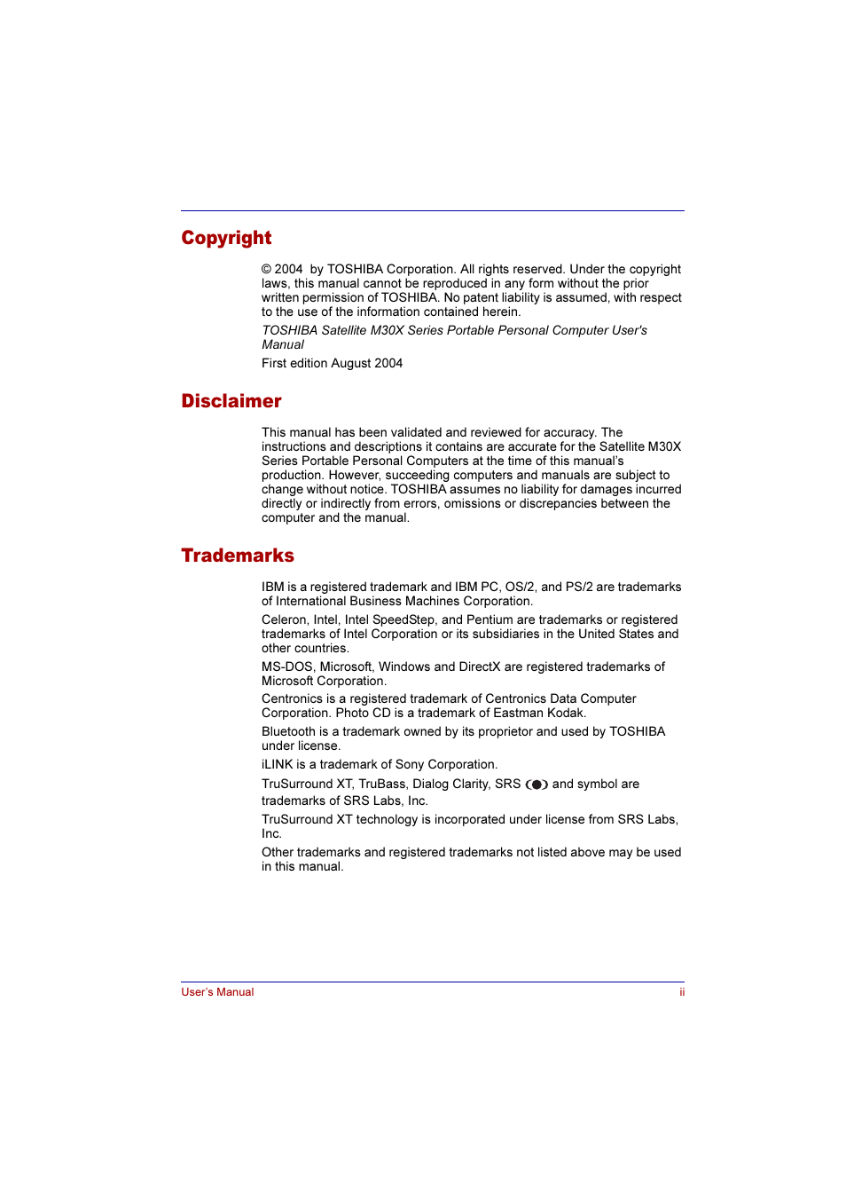 Copyright, Disclaimer, Trademarks | Toshiba SATELLITE M30X User Manual | Page 2 / 155