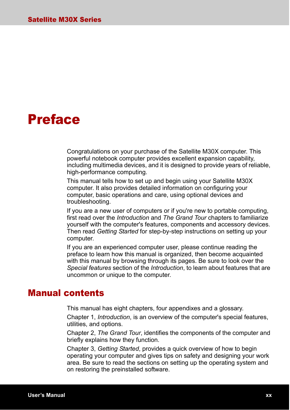 Preface, Manual contents | Toshiba SATELLITE M30X User Manual | Page 20 / 155
