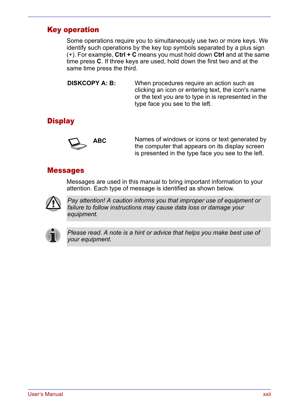 Key operation, Display messages | Toshiba SATELLITE M30X User Manual | Page 22 / 155
