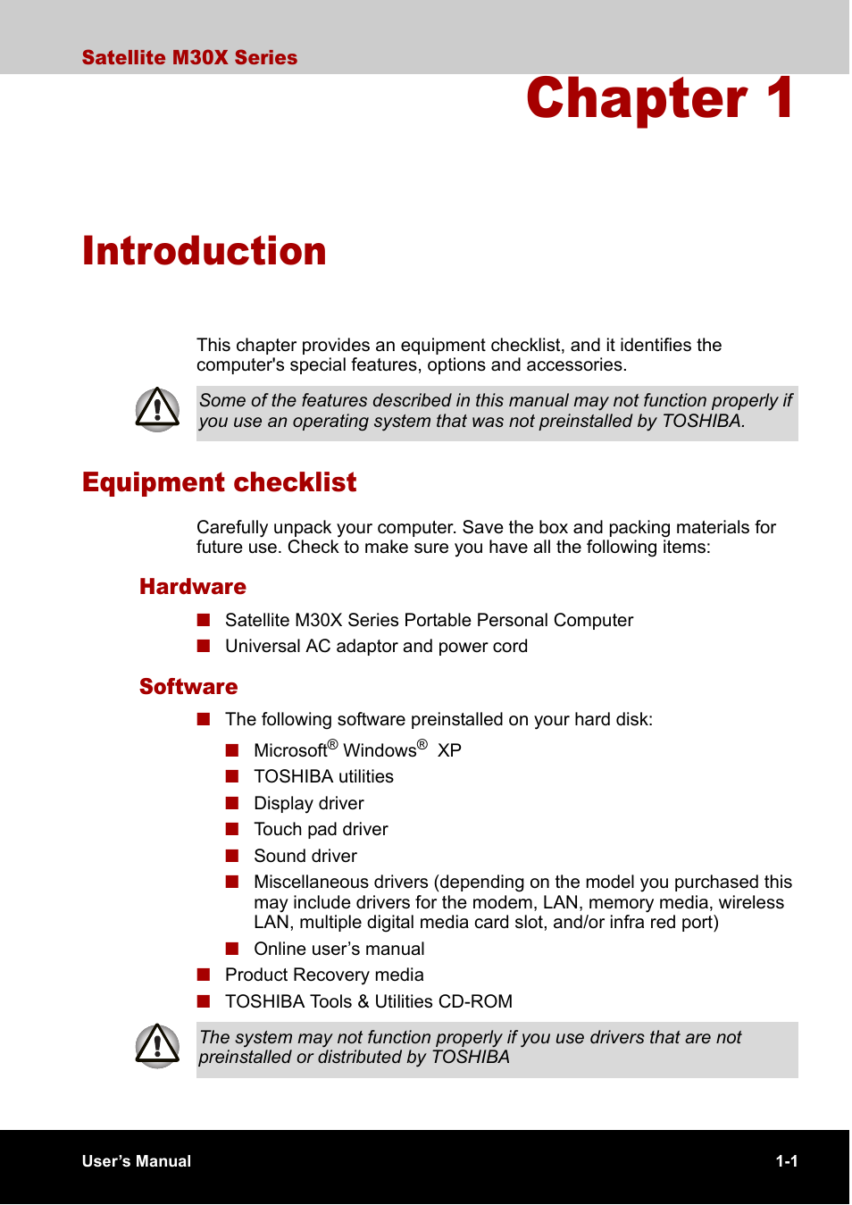 Chapter 1 introduction, Equipment checklist, Hardware | Software, Chapter 1, Introduction, Equipment checklist -1, Hardware -1 software -1 | Toshiba SATELLITE M30X User Manual | Page 23 / 155