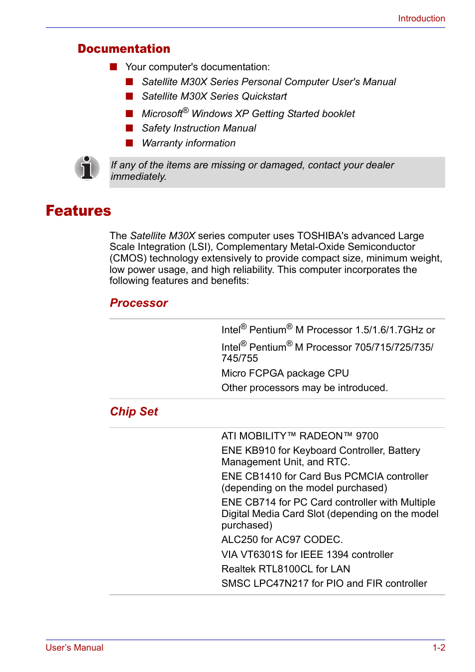 Documentation, Features, Documentation -2 | Features -2 | Toshiba SATELLITE M30X User Manual | Page 24 / 155
