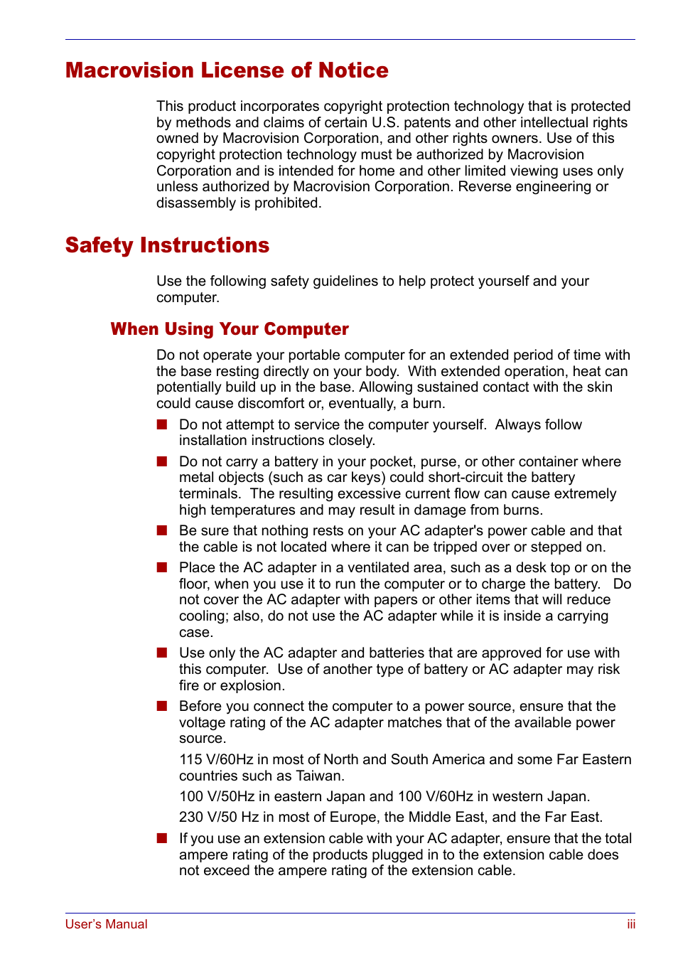 Macrovision license of notice, Safety instructions, When using your computer | Toshiba SATELLITE M30X User Manual | Page 3 / 155