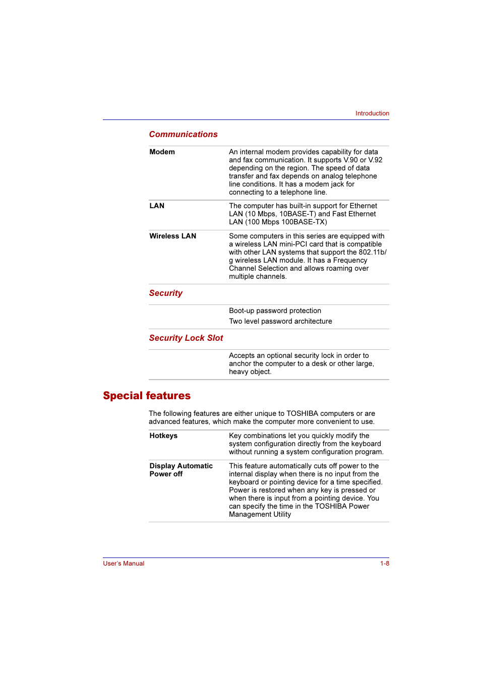 Special features, Special features -8 | Toshiba SATELLITE M30X User Manual | Page 30 / 155