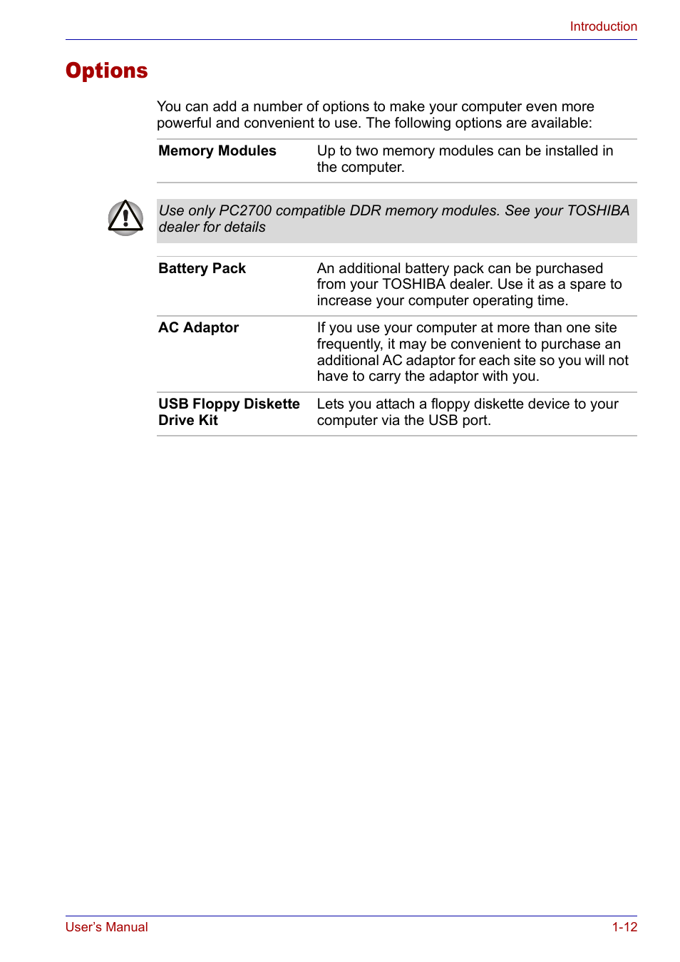 Options, Options -12 | Toshiba SATELLITE M30X User Manual | Page 34 / 155