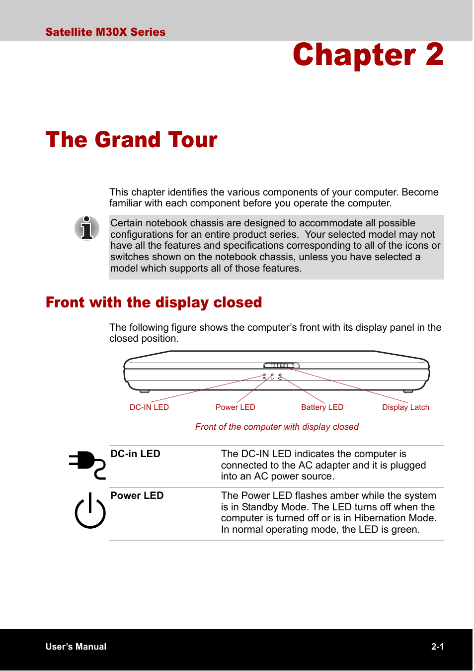 Chapter 2 the grand tour, Front with the display closed, Chapter 2 | The grand tour, Front with the display closed -1 | Toshiba SATELLITE M30X User Manual | Page 35 / 155