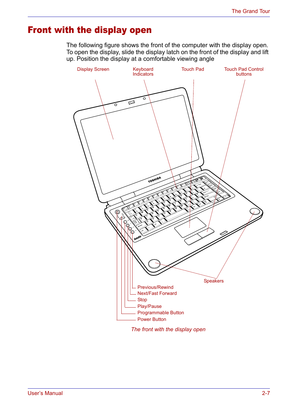 Front with the display open, Front with the display open -7 | Toshiba SATELLITE M30X User Manual | Page 41 / 155