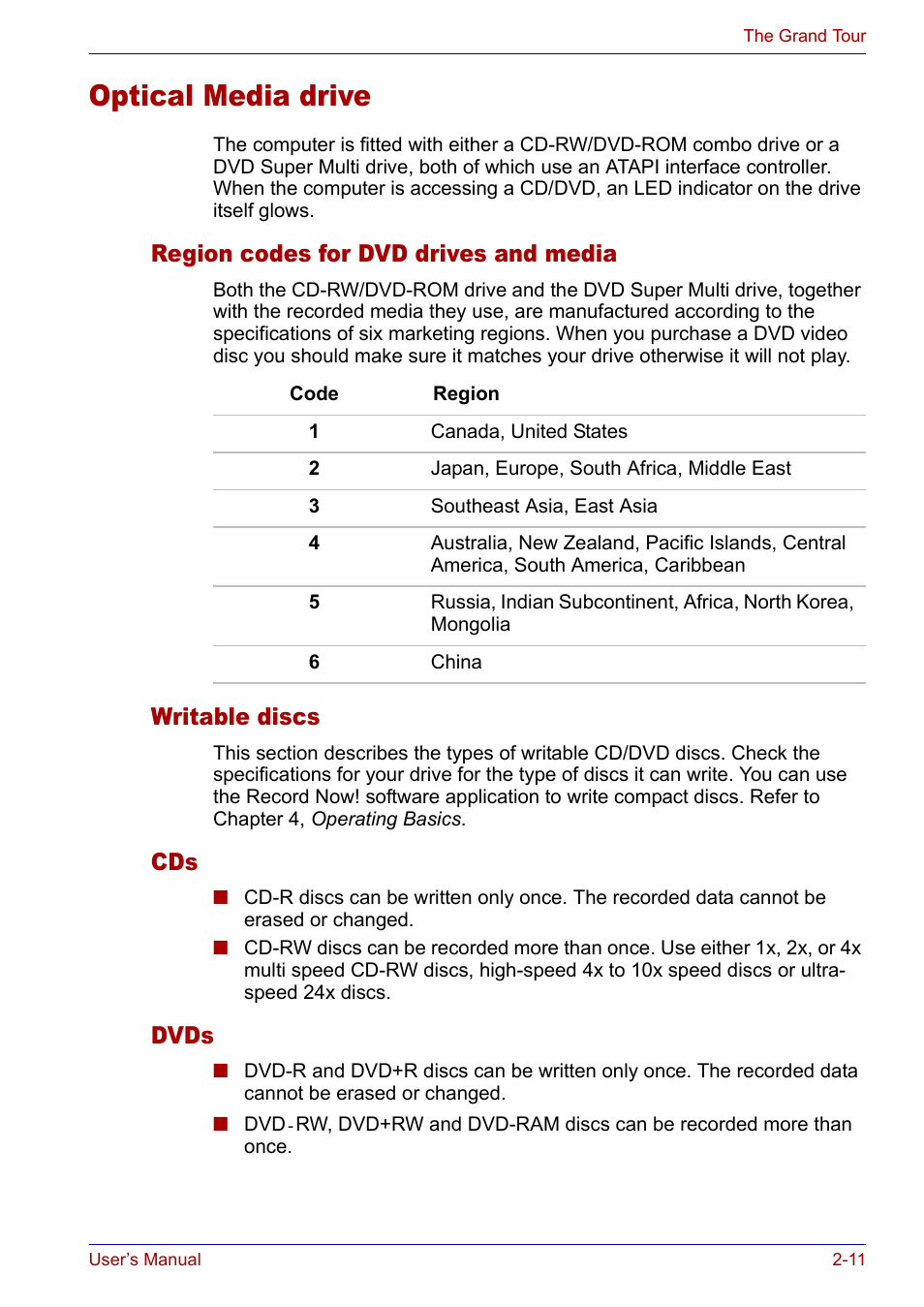 Optical media drive, Region codes for dvd drives and media, Writable discs | Dvds, Optical media drive -11 | Toshiba SATELLITE M30X User Manual | Page 45 / 155