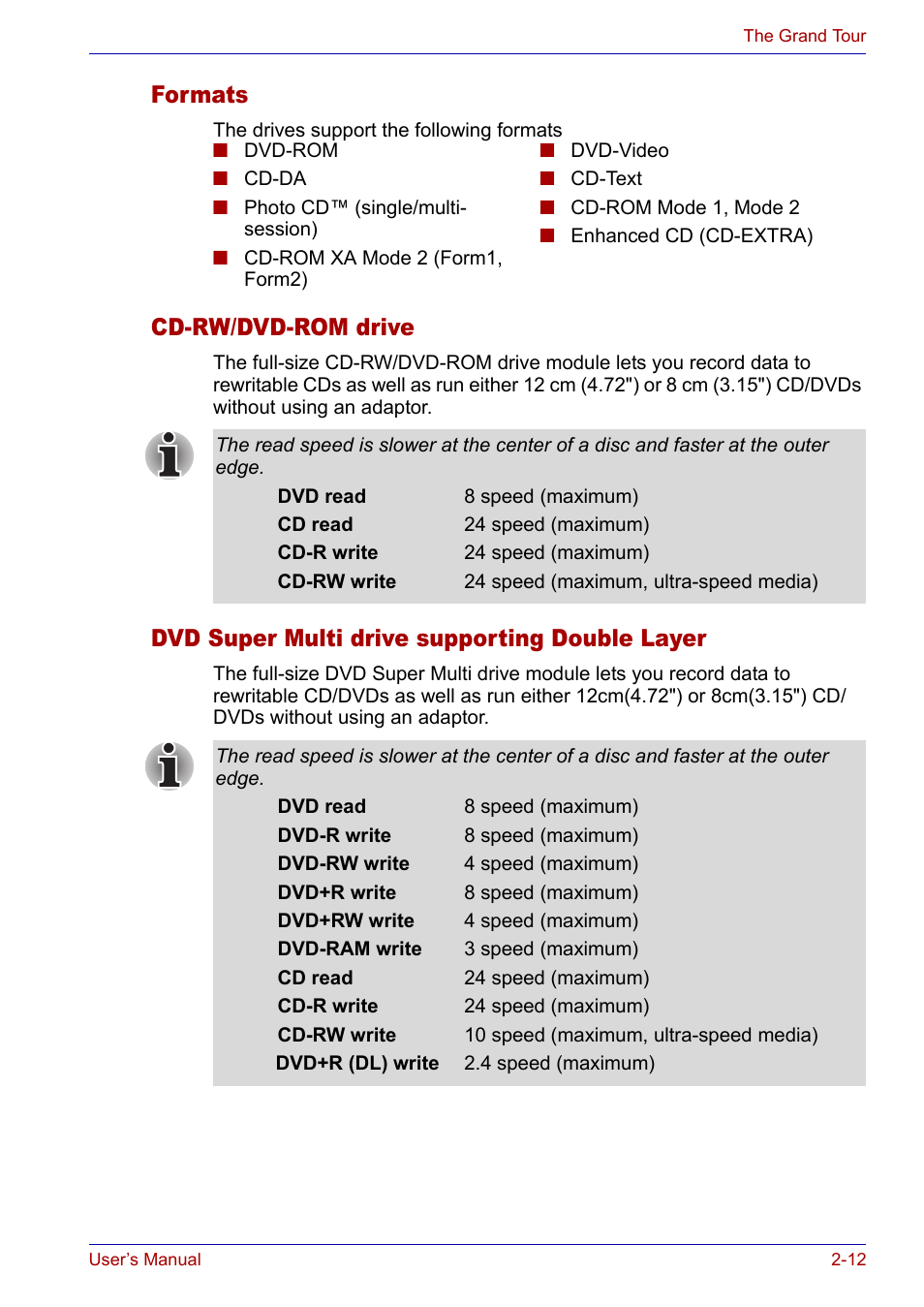 Formats, Cd-rw/dvd-rom drive, Dvd super multi drive supporting double layer | Toshiba SATELLITE M30X User Manual | Page 46 / 155