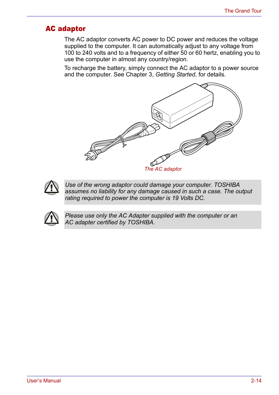 Ac adaptor, Ac adaptor -14 | Toshiba SATELLITE M30X User Manual | Page 48 / 155