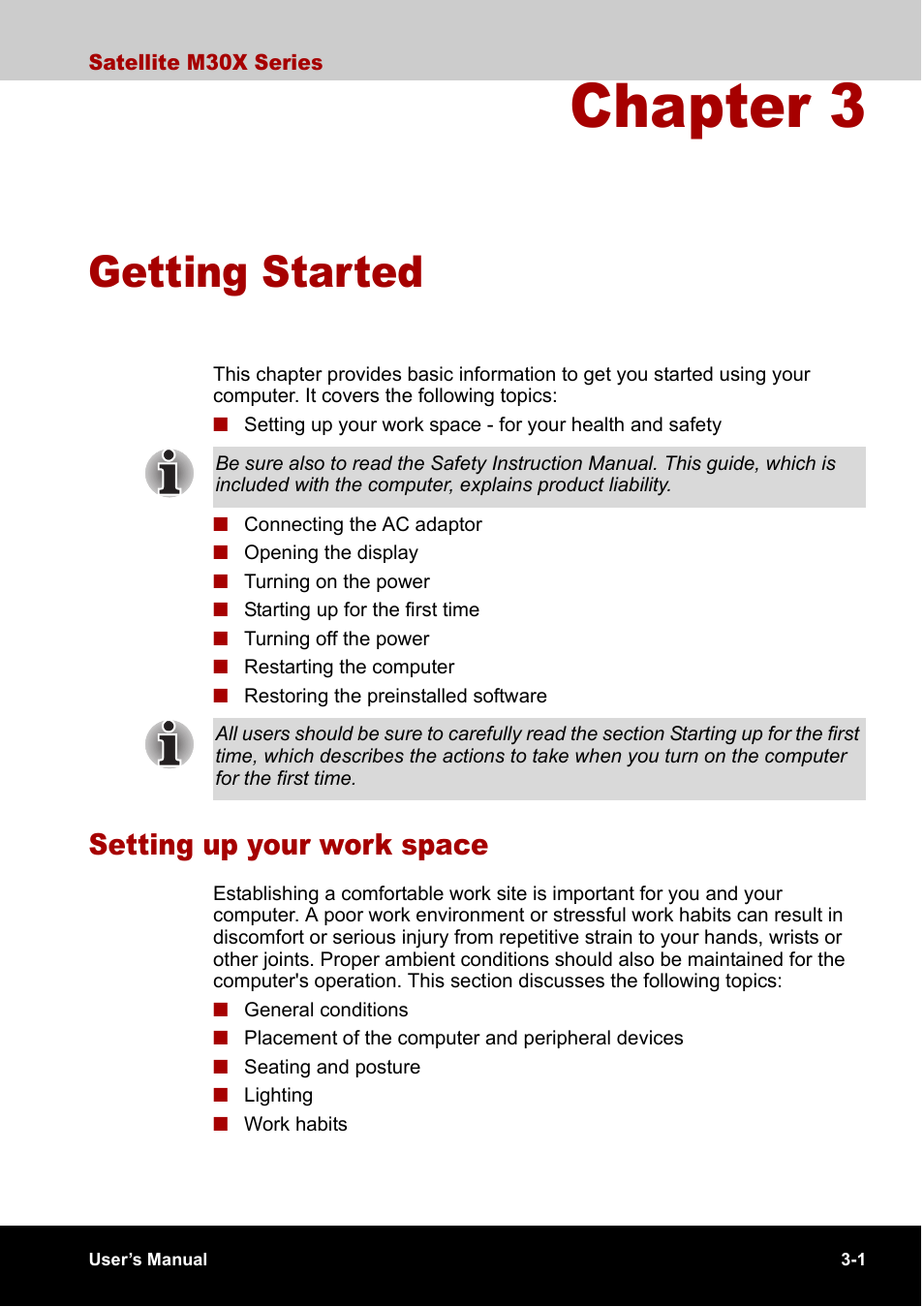 Chapter 3 getting started, Setting up your work space, Chapter 3 | Getting started, Setting up your work space -1 | Toshiba SATELLITE M30X User Manual | Page 49 / 155