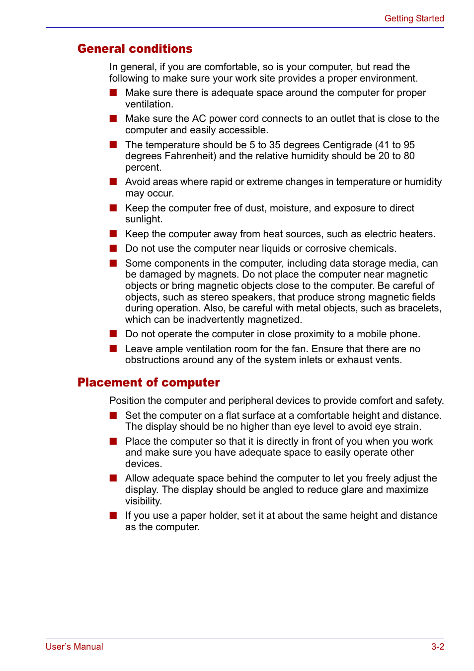 General conditions, Placement of computer, General conditions -2 placement of computer -2 | Toshiba SATELLITE M30X User Manual | Page 50 / 155