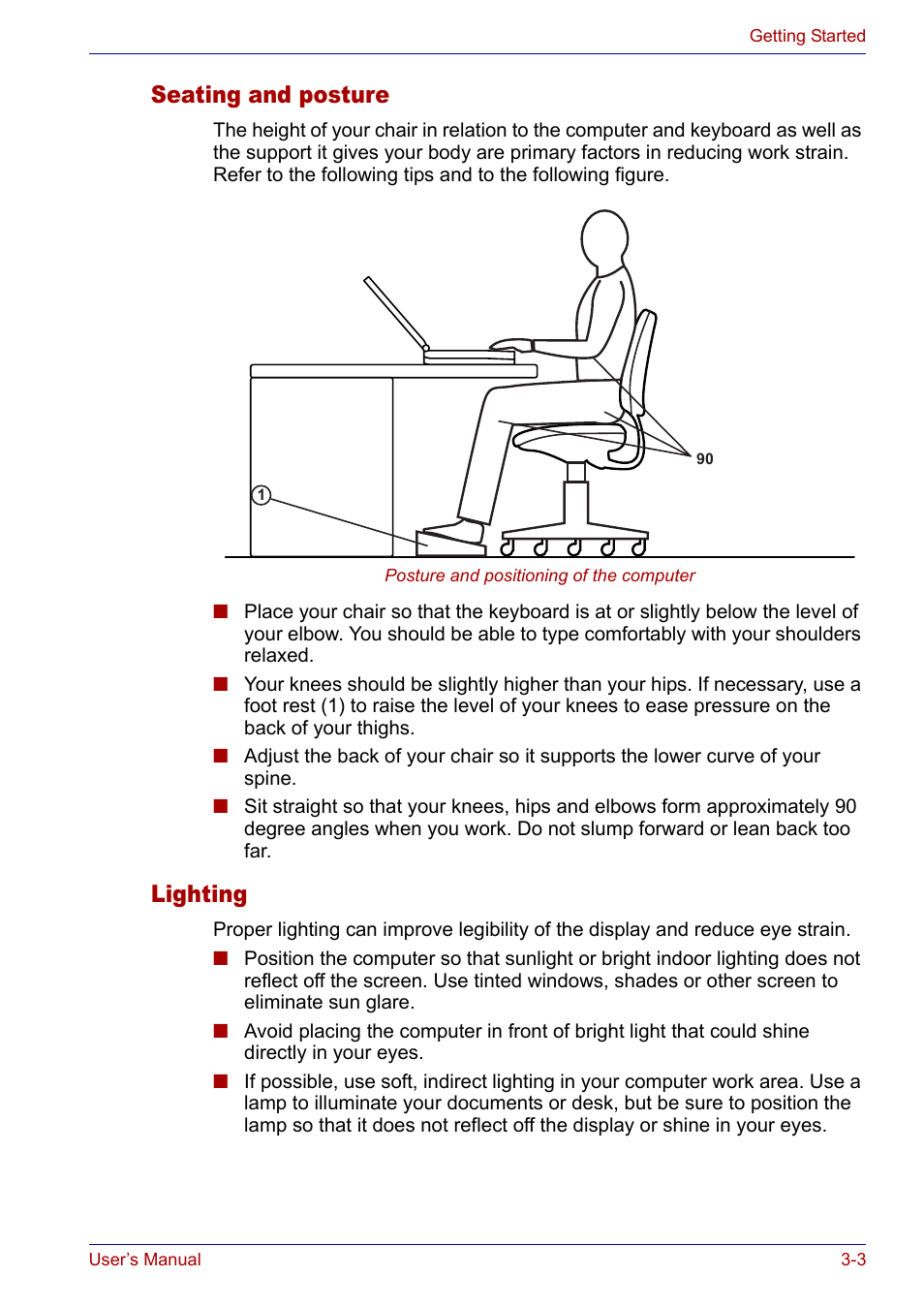 Seating and posture, Lighting, Seating and posture -3 lighting -3 | Toshiba SATELLITE M30X User Manual | Page 51 / 155