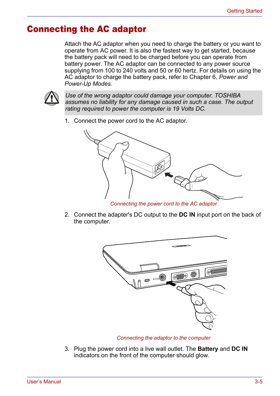 Connecting the ac adaptor, Connecting the ac adaptor -5 | Toshiba SATELLITE M30X User Manual | Page 53 / 155