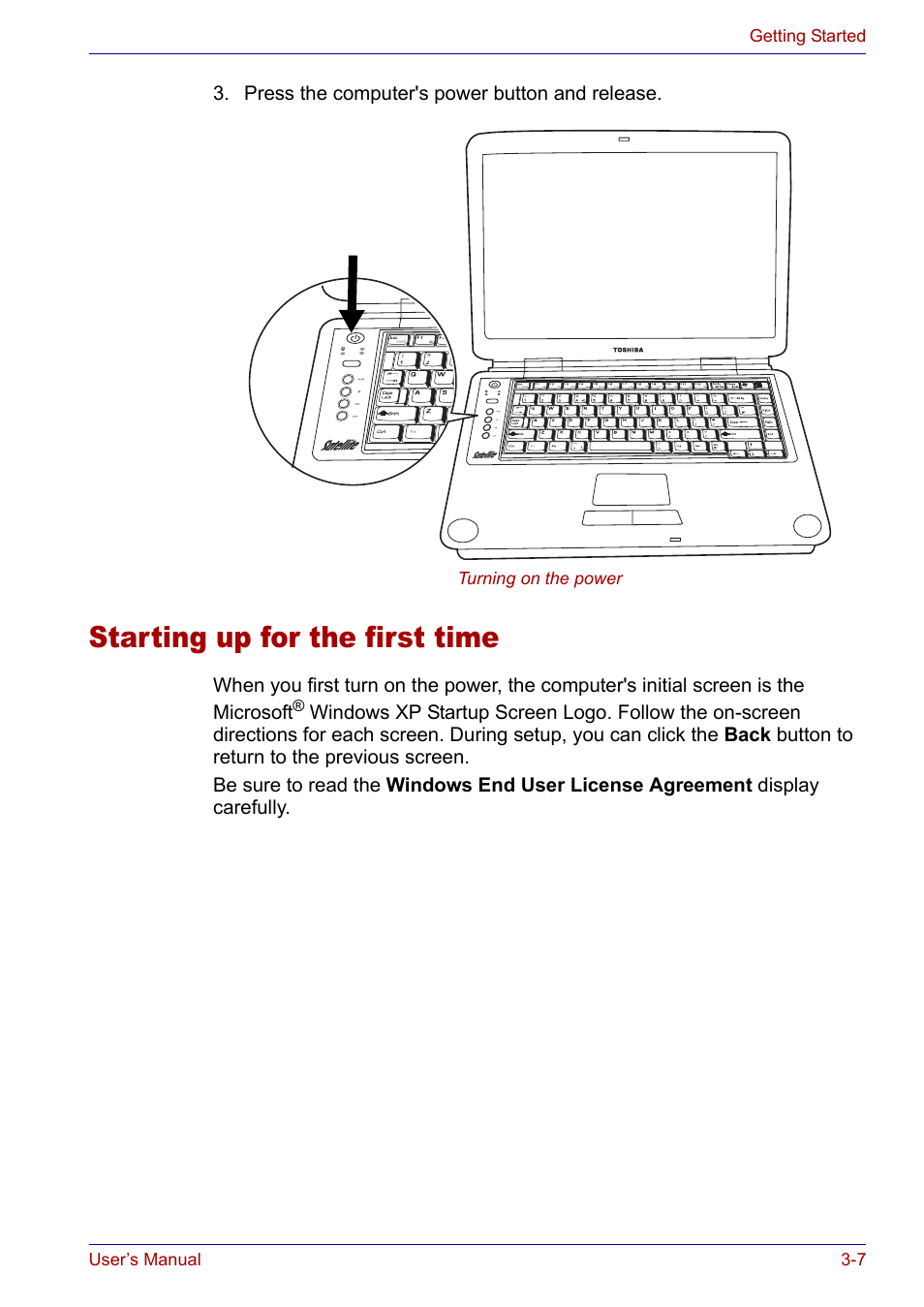 Starting up for the first time, Starting up for the first time -7 | Toshiba SATELLITE M30X User Manual | Page 55 / 155