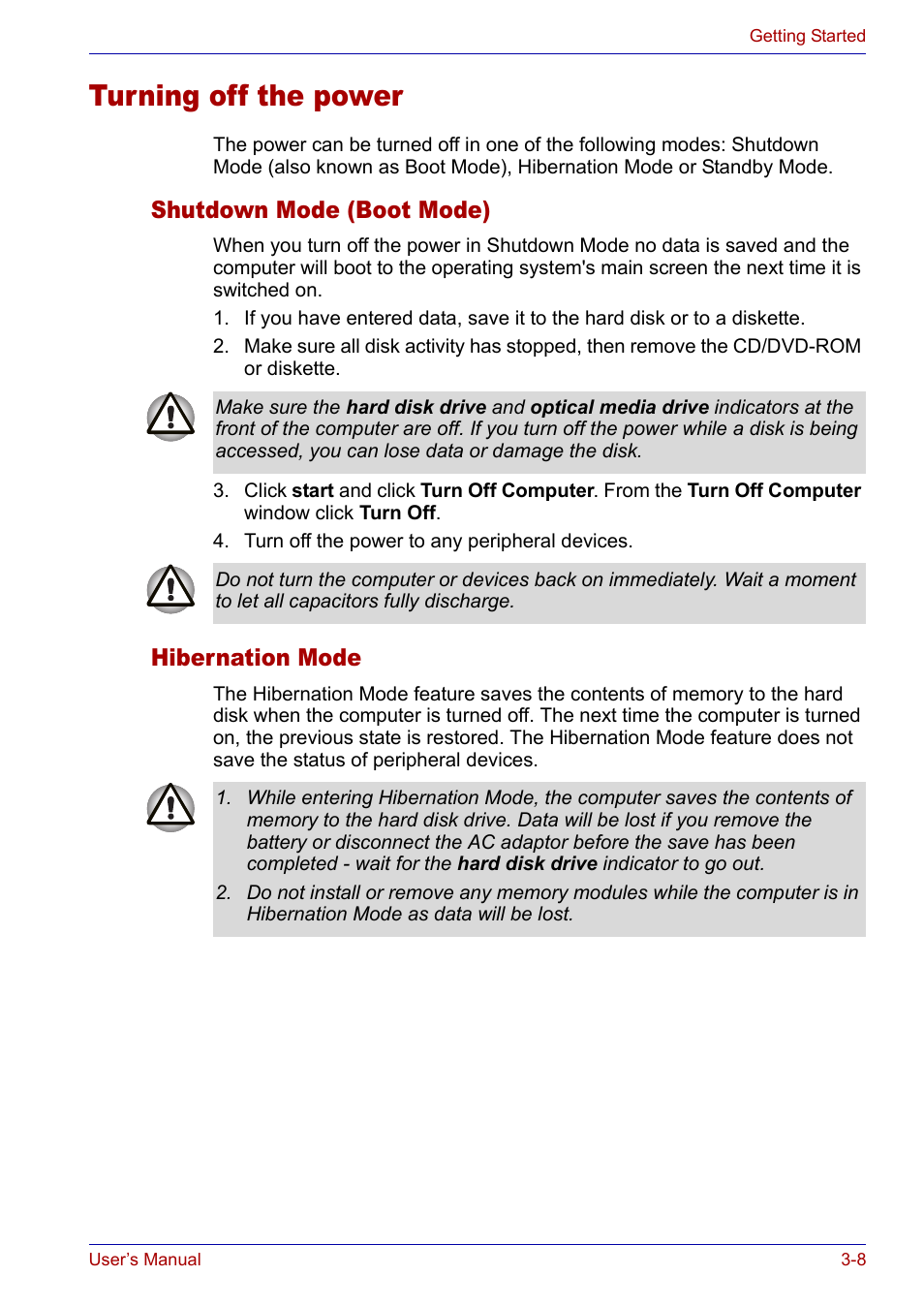Turning off the power, Shutdown mode (boot mode), Hibernation mode | Turning off the power -8, Shutdown mode (boot mode) -8 hibernation mode -8 | Toshiba SATELLITE M30X User Manual | Page 56 / 155