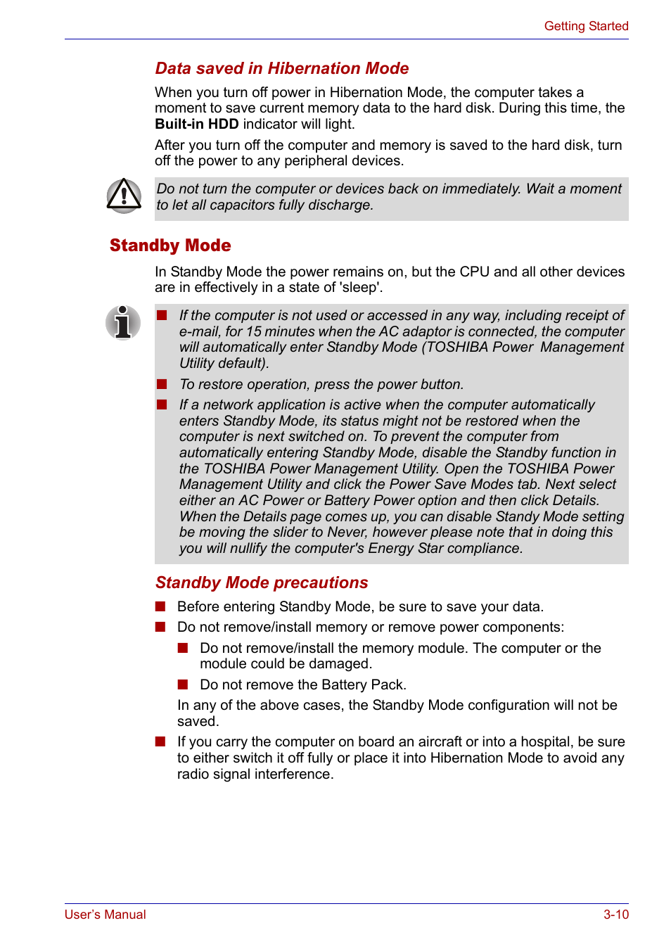 Standby mode, Standby mode -10 | Toshiba SATELLITE M30X User Manual | Page 58 / 155