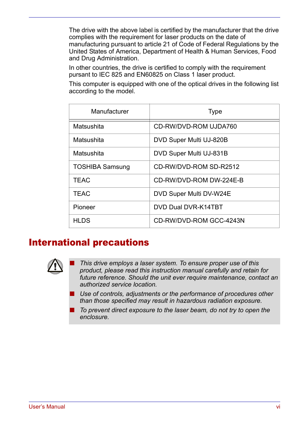 International precautions | Toshiba SATELLITE M30X User Manual | Page 6 / 155