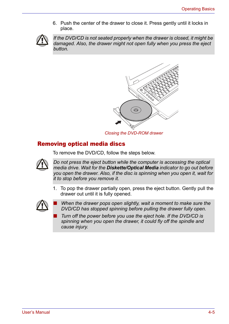 Removing optical media discs, Removing optical media discs -5 | Toshiba SATELLITE M30X User Manual | Page 66 / 155