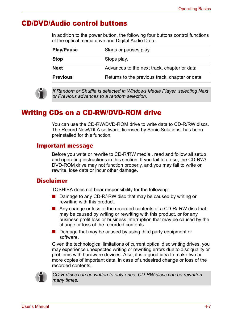 Cd/dvd/audio control buttons, Writing cds on a cd-rw/dvd-rom drive, Important message | Disclaimer, Important message -7 disclaimer -7 | Toshiba SATELLITE M30X User Manual | Page 68 / 155