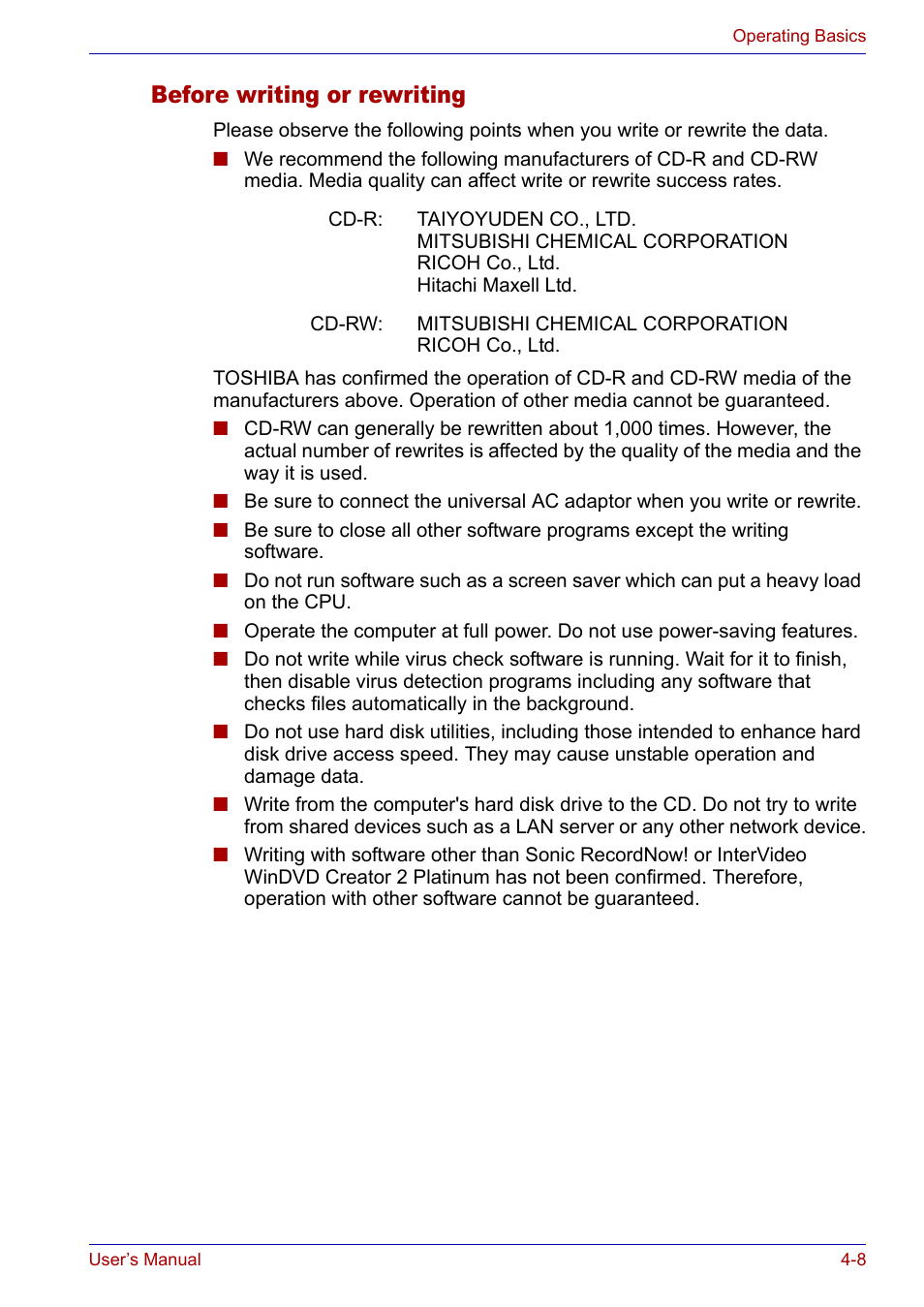 Before writing or rewriting, Before writing or rewriting -8 | Toshiba SATELLITE M30X User Manual | Page 69 / 155