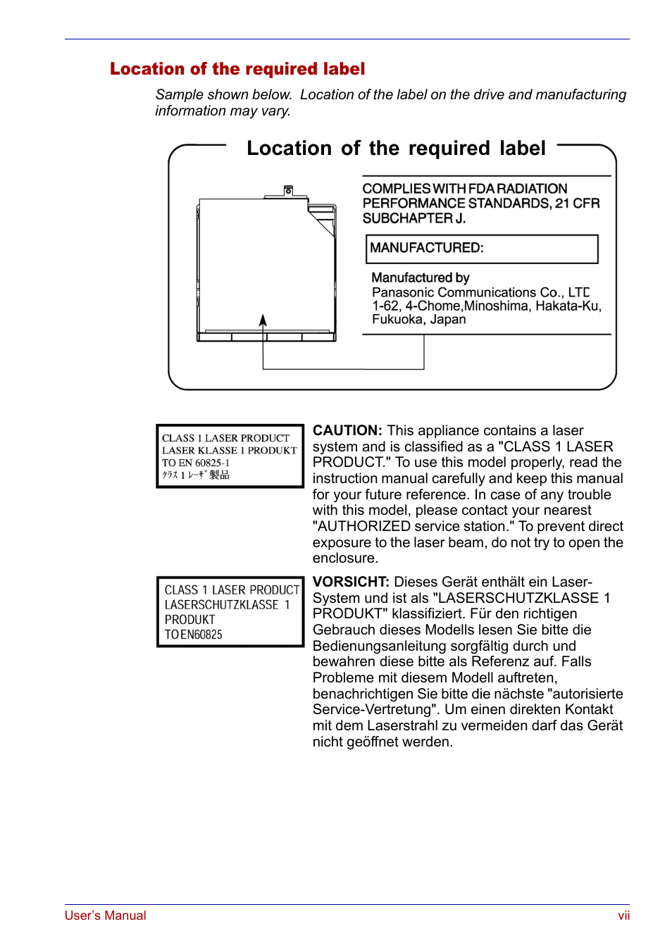 Location of the required label | Toshiba SATELLITE M30X User Manual | Page 7 / 155