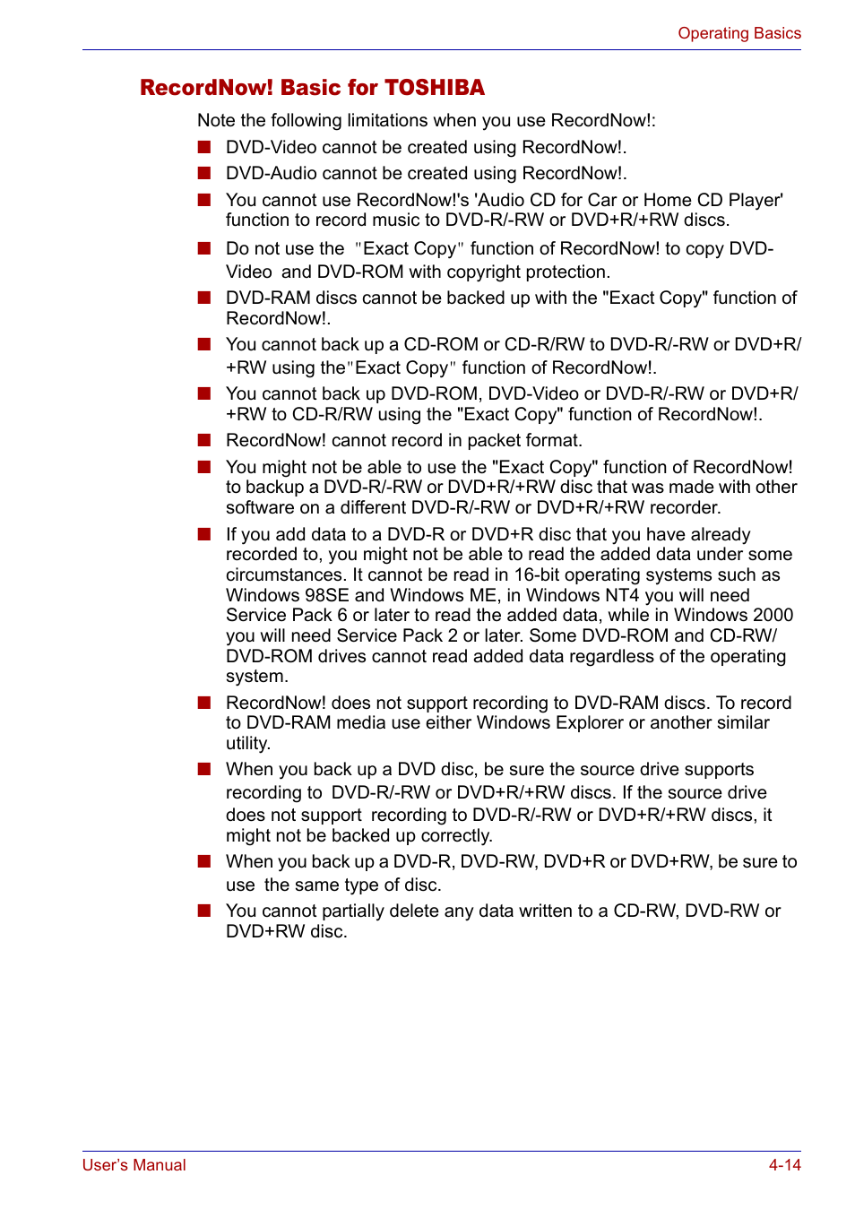 Recordnow! basic for toshiba, Recordnow! basic for toshiba -14 | Toshiba SATELLITE M30X User Manual | Page 75 / 155
