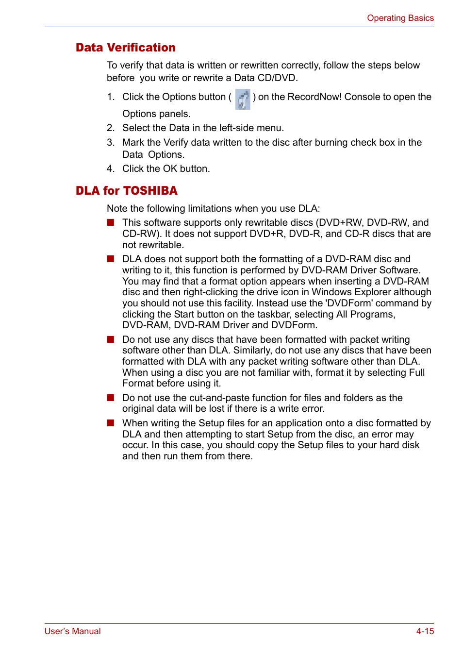 Data verification, Dla for toshiba, Data verification -15 dla for toshiba -15 | Toshiba SATELLITE M30X User Manual | Page 76 / 155