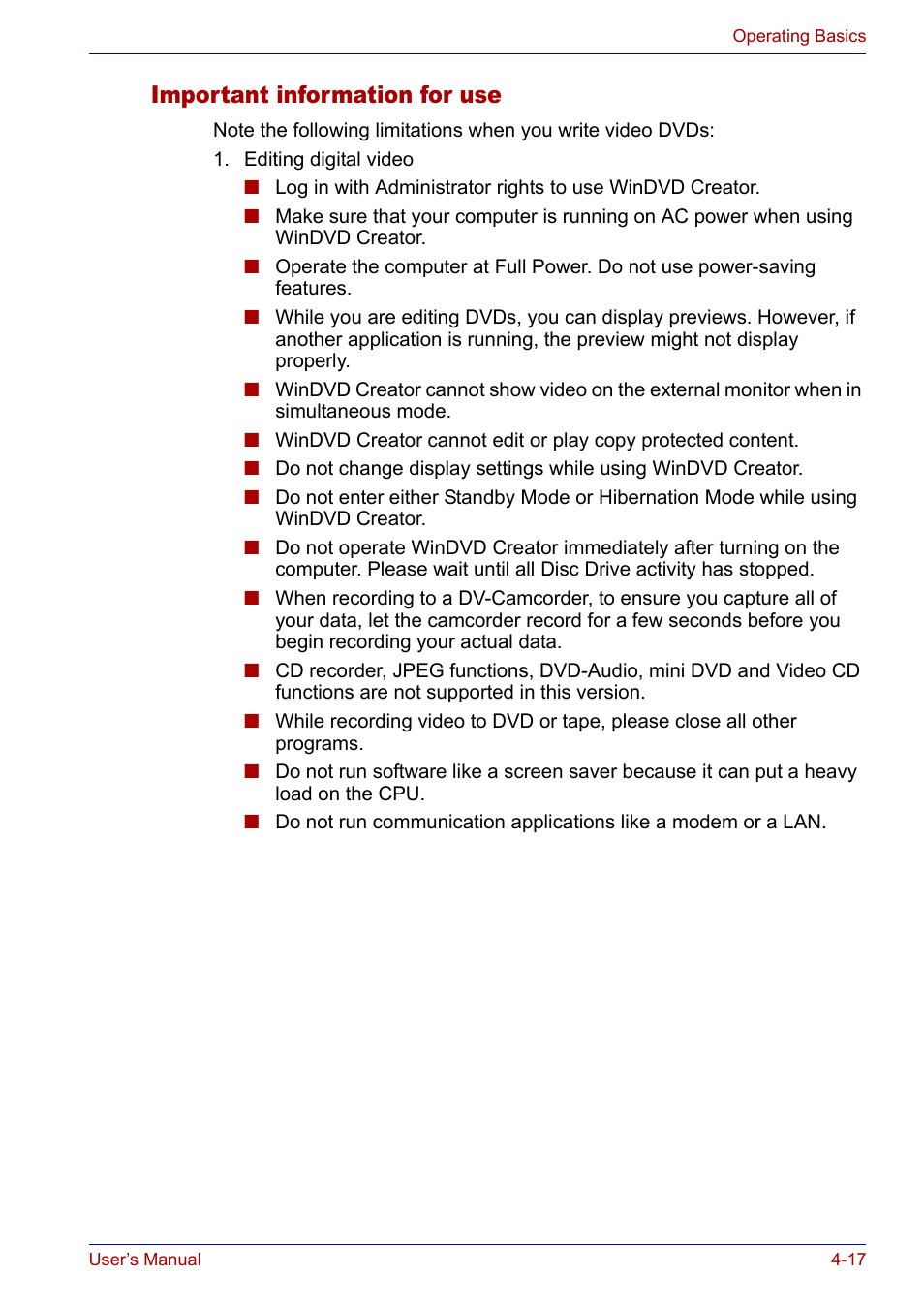 Important information for use, Important information for use -17 | Toshiba SATELLITE M30X User Manual | Page 78 / 155