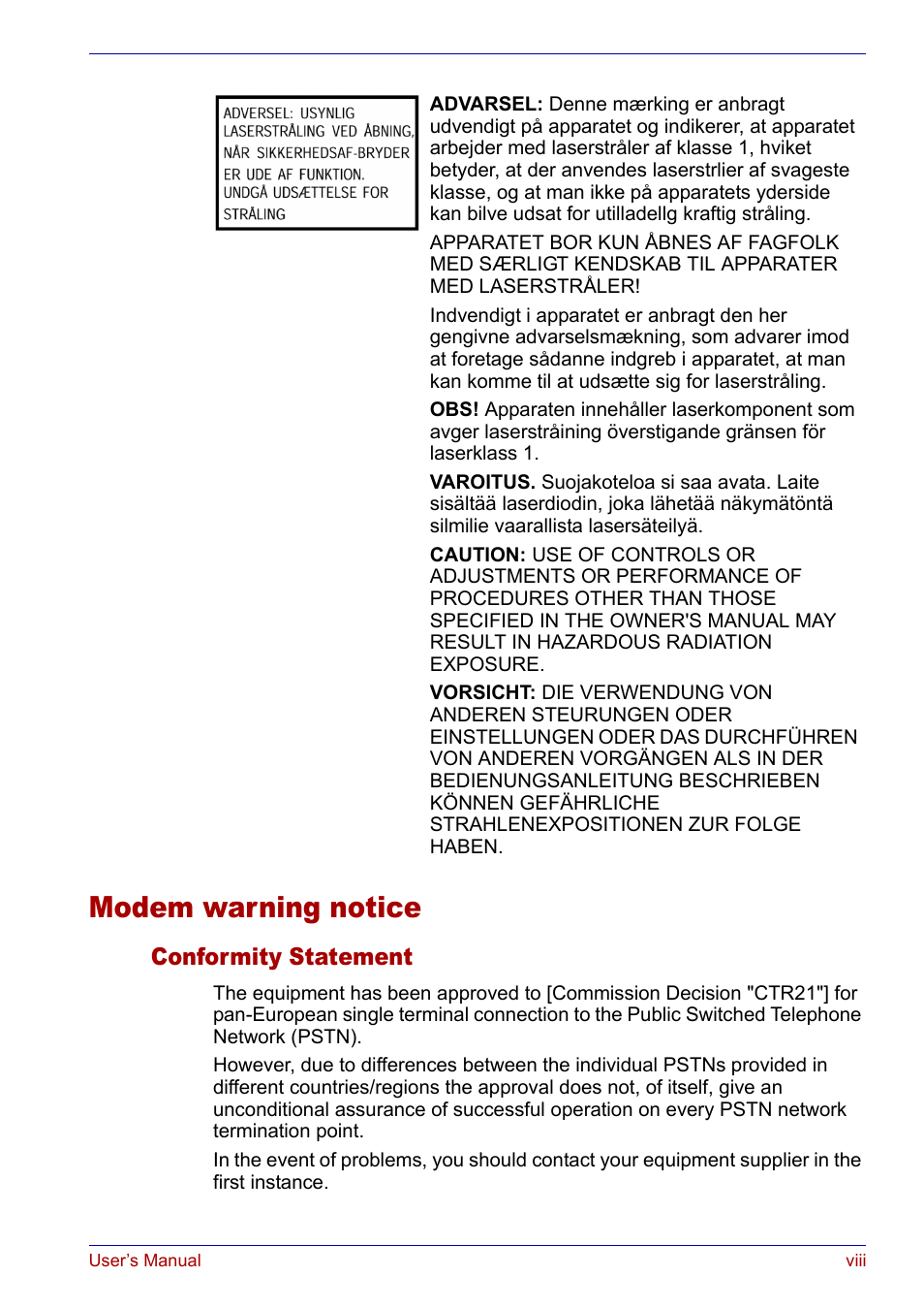 Modem warning notice, Conformity statement | Toshiba SATELLITE M30X User Manual | Page 8 / 155
