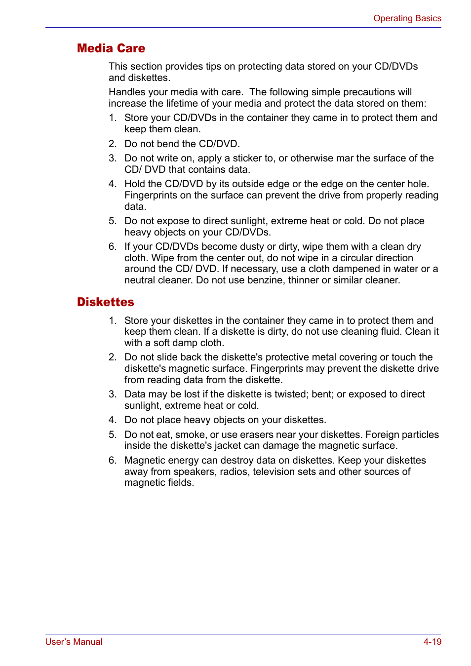 Media care, Diskettes, Media care -19 diskettes -19 | Toshiba SATELLITE M30X User Manual | Page 80 / 155