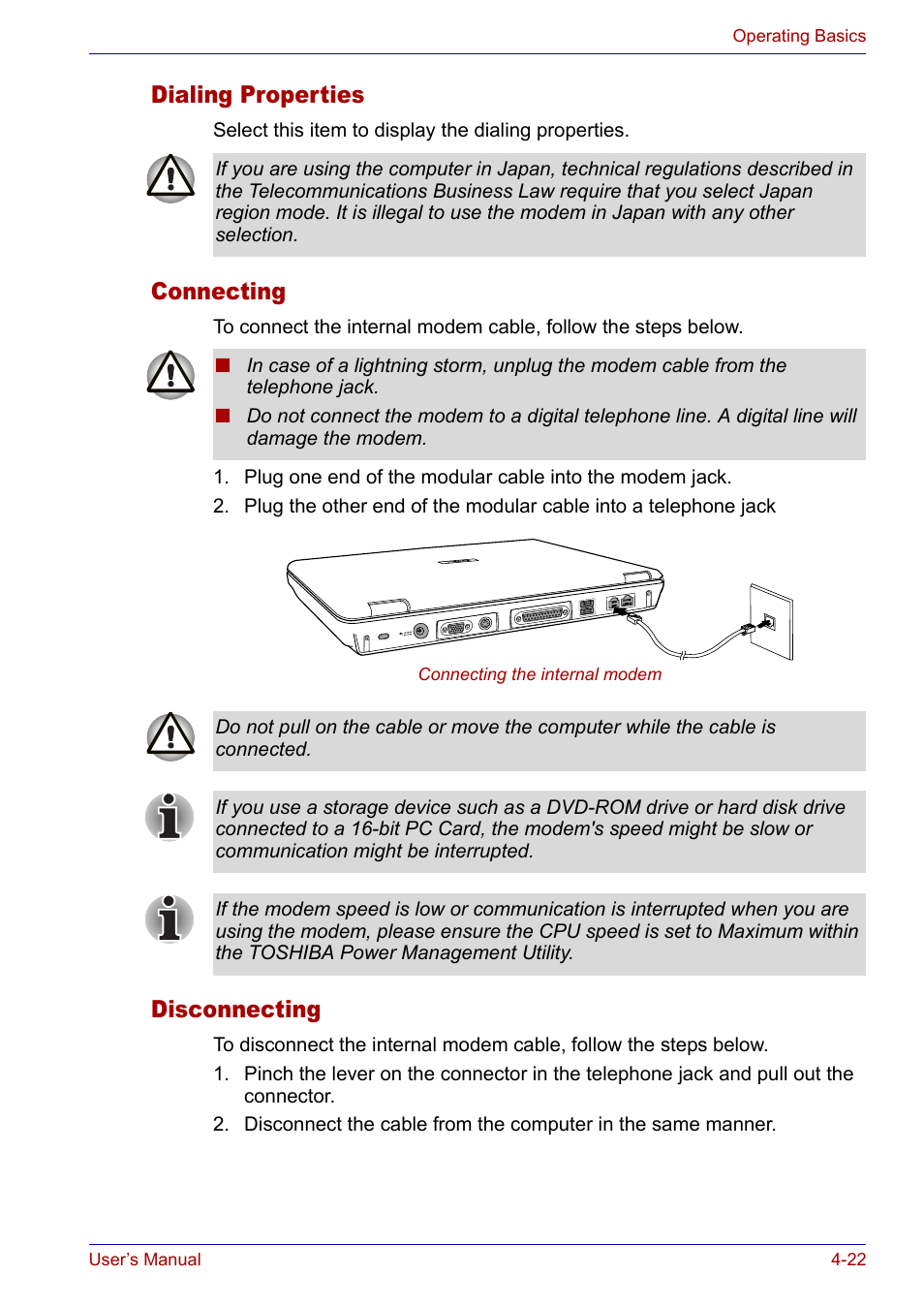 Dialing properties, Connecting, Disconnecting | Toshiba SATELLITE M30X User Manual | Page 83 / 155