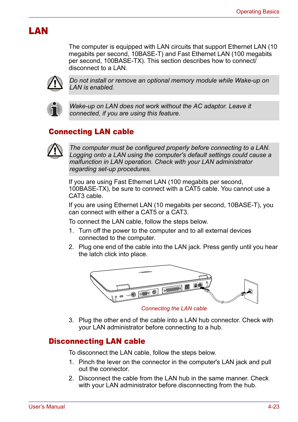 Connecting lan cable, Disconnecting lan cable, Lan -23 | Toshiba SATELLITE M30X User Manual | Page 84 / 155