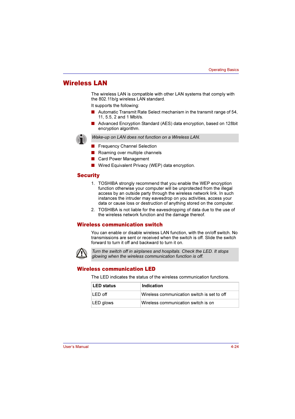 Wireless lan, Security, Wireless communication switch | Wireless communication led, Wireless lan -24 | Toshiba SATELLITE M30X User Manual | Page 85 / 155