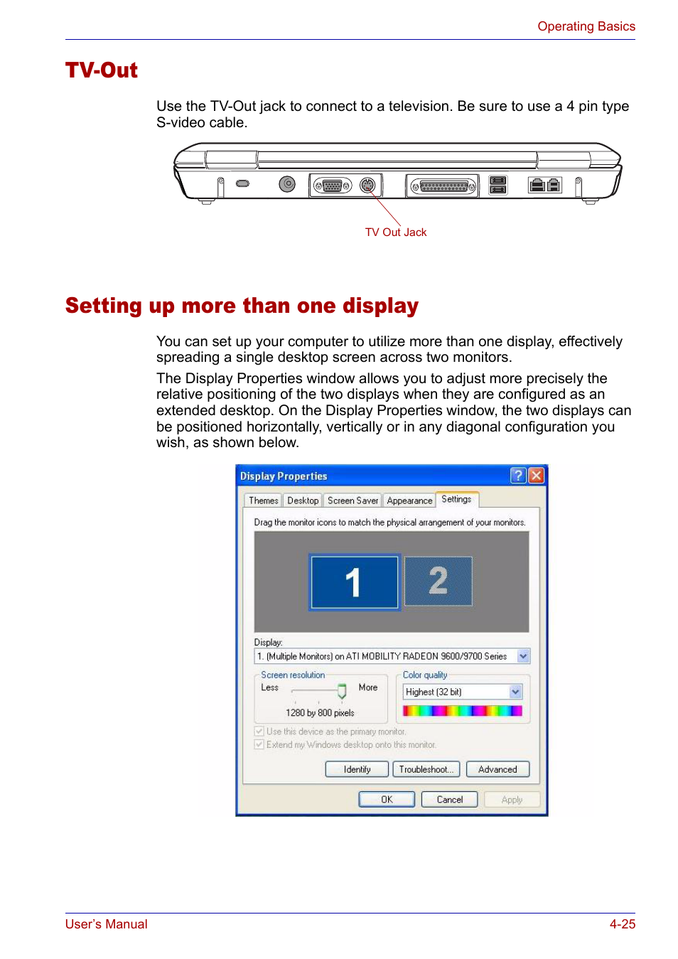 Tv-out, Setting up more than one display, Tv-out -25 setting up more than one display -25 | Toshiba SATELLITE M30X User Manual | Page 86 / 155