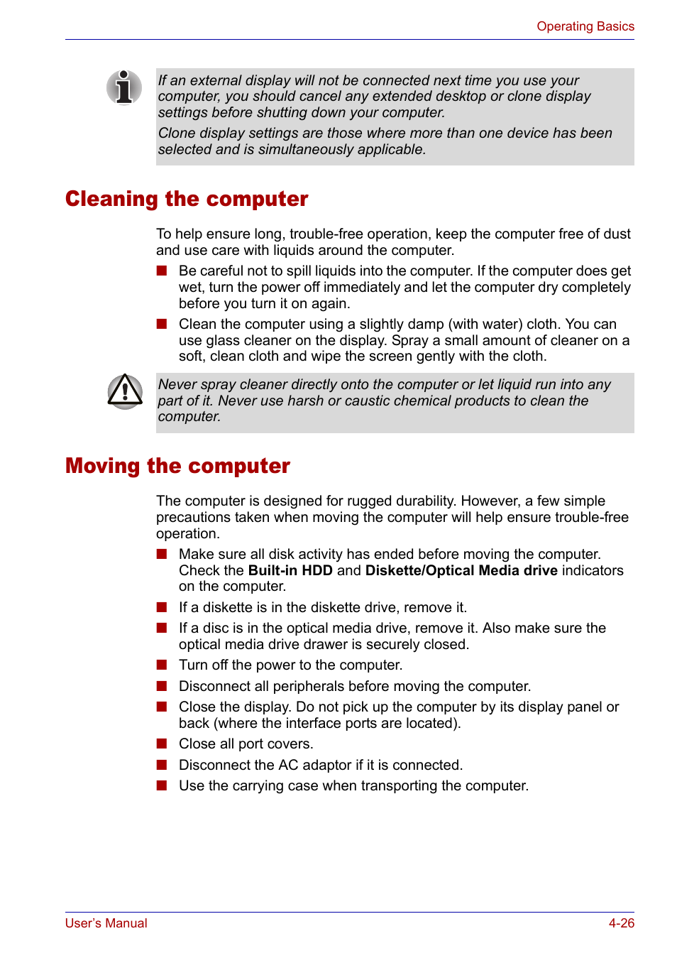 Cleaning the computer, Moving the computer, Cleaning the computer -26 moving the computer -26 | Toshiba SATELLITE M30X User Manual | Page 87 / 155