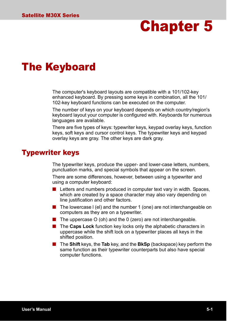 Chapter 5 the keyboard, Typewriter keys, Chapter 5 | The keyboard, Typewriter keys -1, Chapter 5, the keyboard , de | Toshiba SATELLITE M30X User Manual | Page 88 / 155